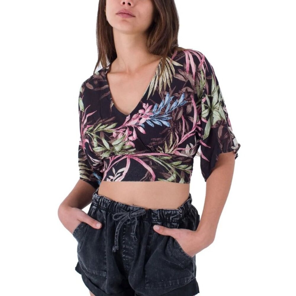 HURLEY Summer Palm Flounce Top MEDIUM Black Floral Hawaiian Crop